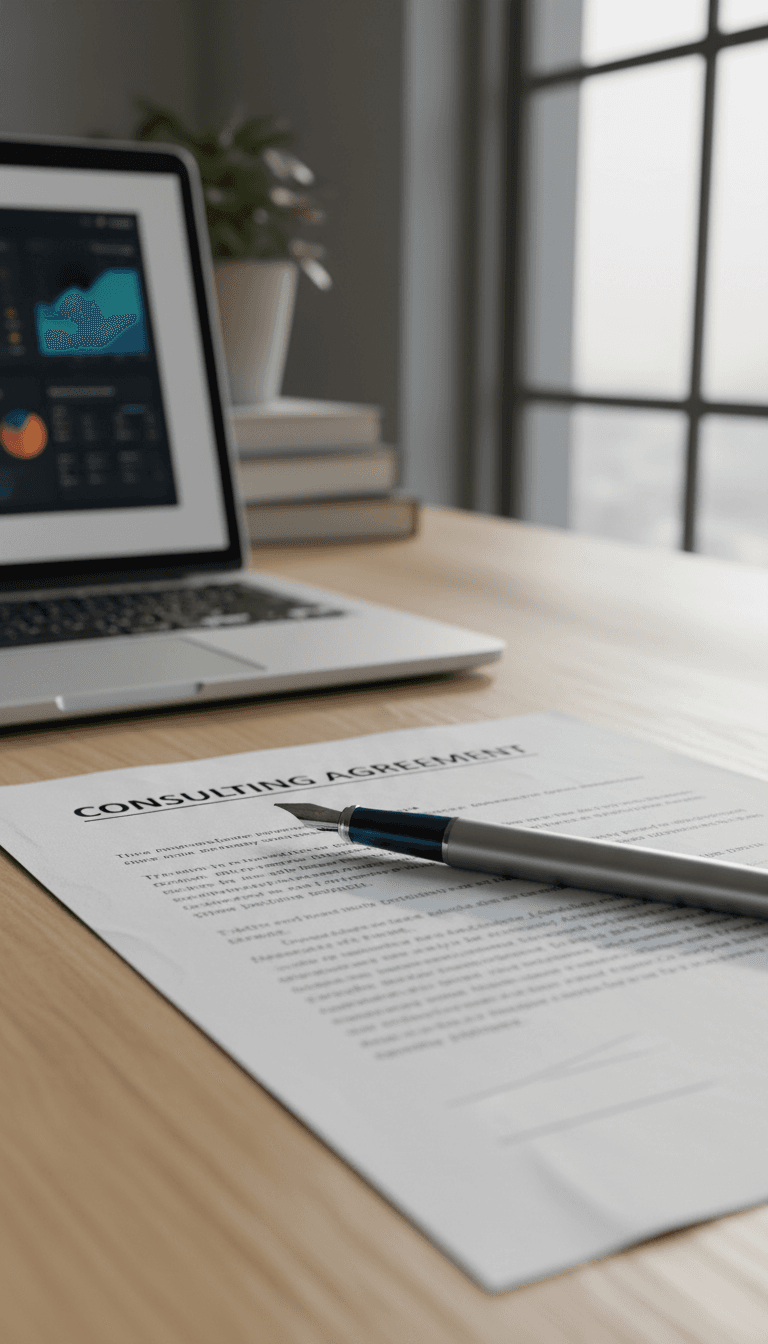 Contract document with pen and laptop showing blurred analytics dashboard