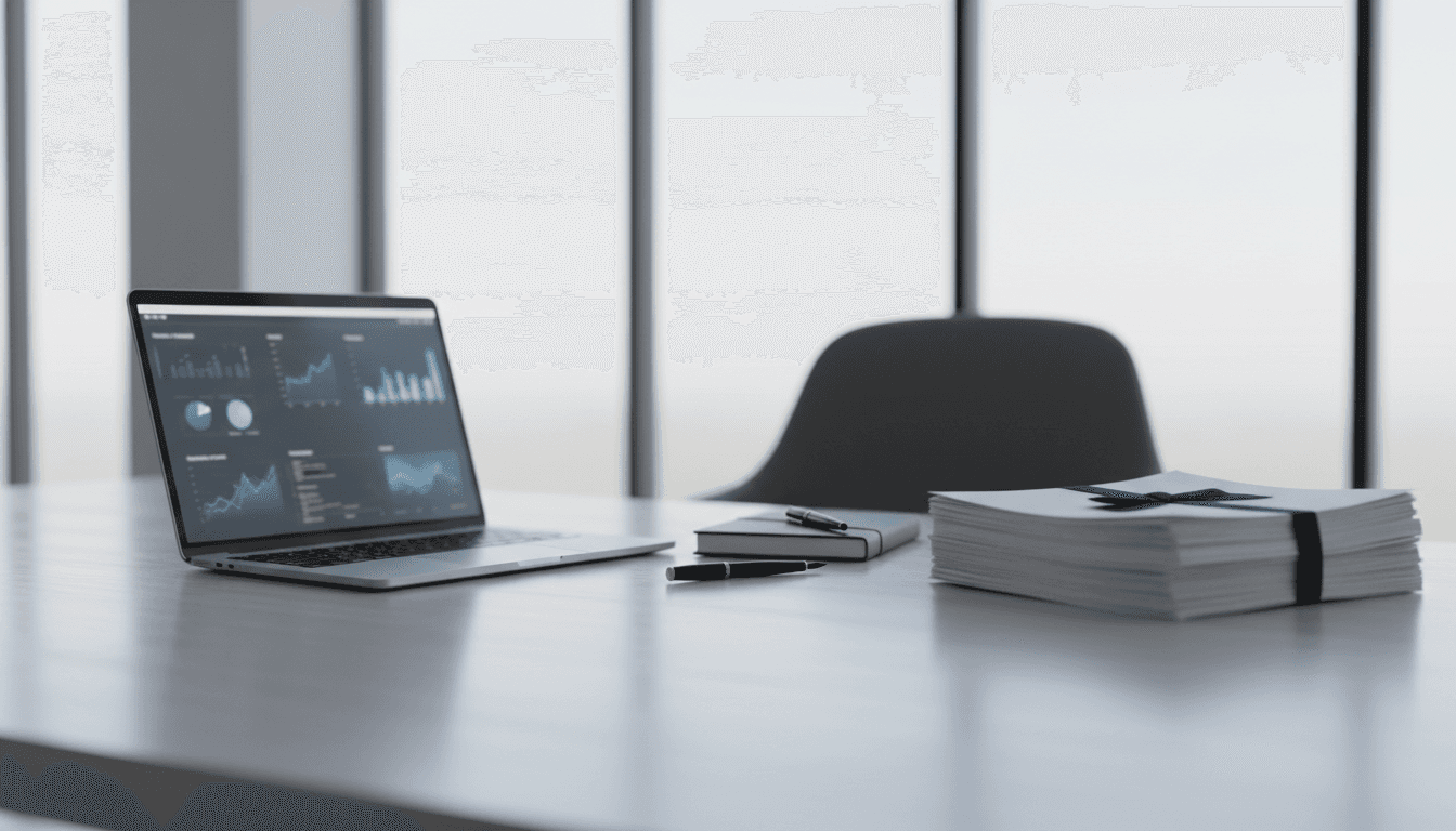 Minimalist office desk with laptop and legal documents, soft natural light