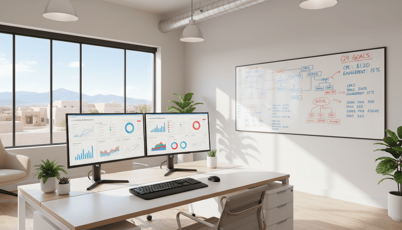 Digital marketing agency office with dual monitors showing analytics dashboards