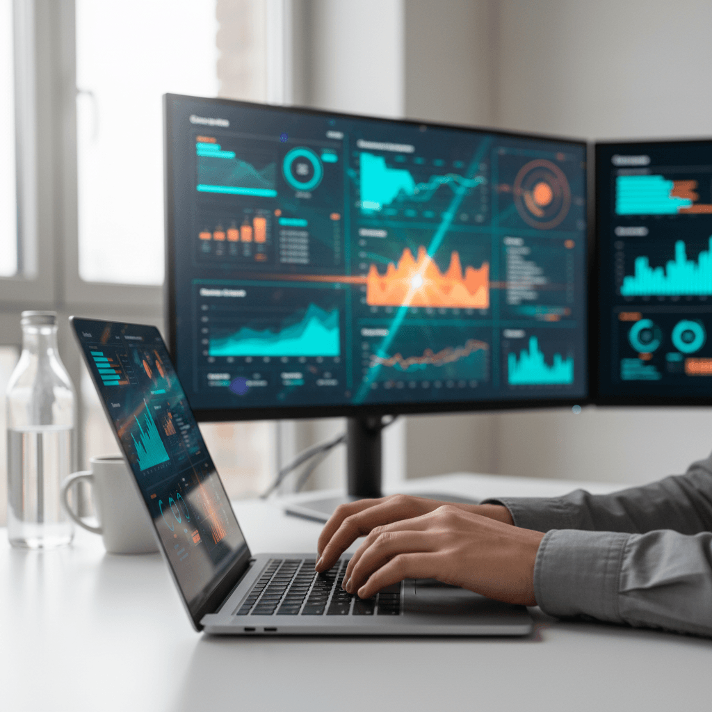 Marketing data charts and analytics on a desk in a professional office