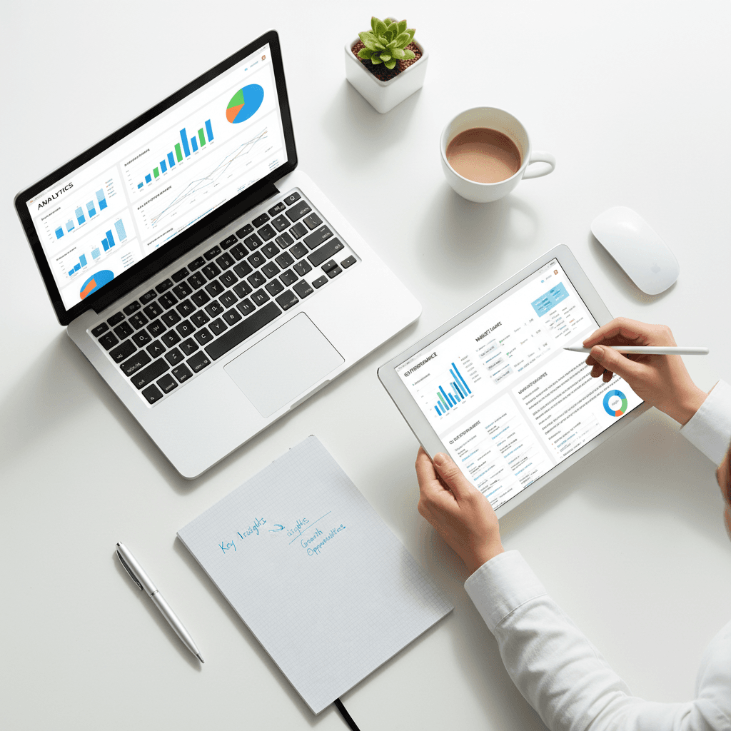 Desk with laptop showing analytics dashboards and notebooks