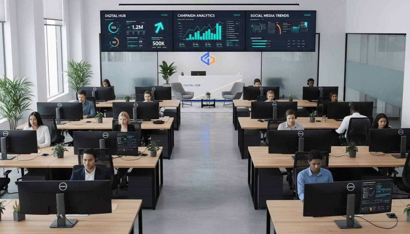 Digital marketing workspace with analytics dashboards on computer screens