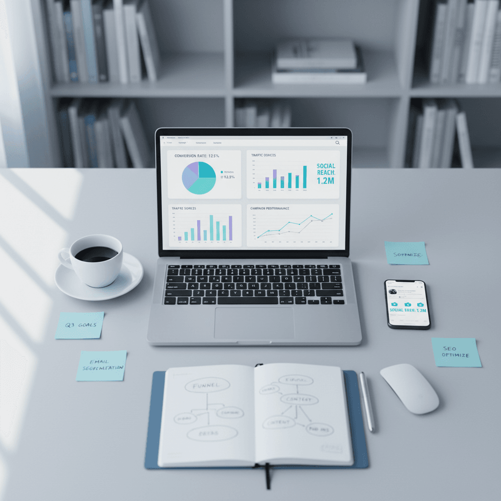 Digital marketing analytics dashboard on a monitor in a bright office