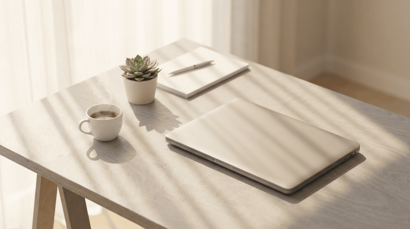 Professional desk setup with laptop and notebook in a bright modern office space